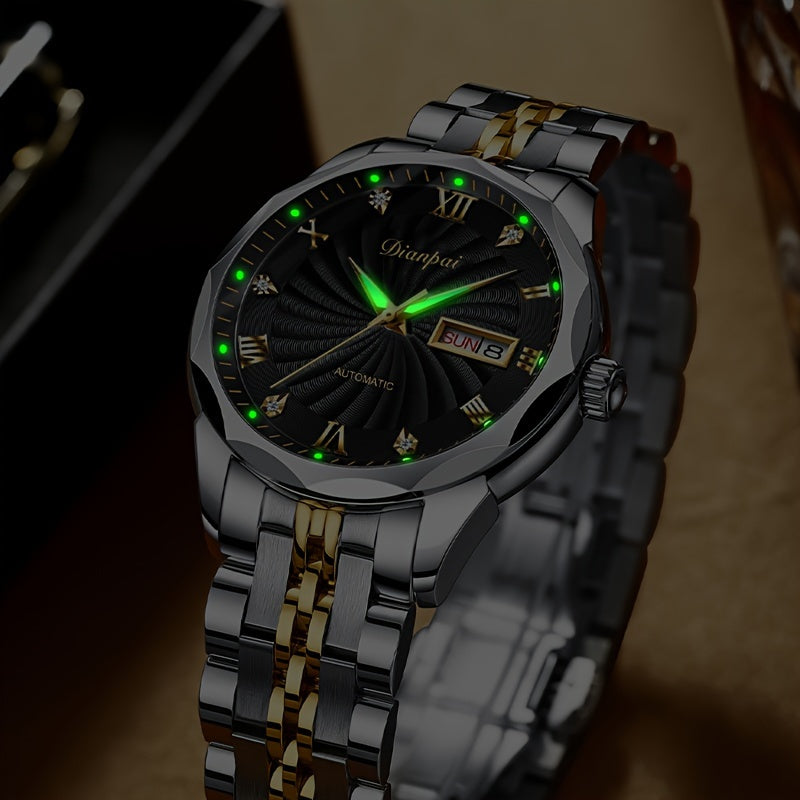 Dianpai Men's Automatic Mechanical Watch with Luminous Dial, Waterproof, Roman Numerals & Date/Day Display, Golden-Tone Steel Band, Accents - Fashionable Dress Watch for Everyday & Formal Wear, Bling Watch, Formal Timepiece B