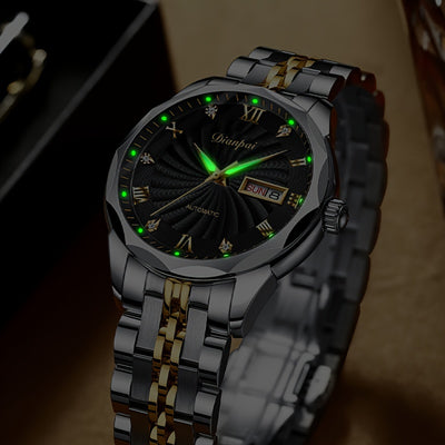 Dianpai Men's Automatic Mechanical Watch with Luminous Dial, Waterproof, Roman Numerals & Date/Day Display, Golden-Tone Steel Band, Accents - Fashionable Dress Watch for Everyday & Formal Wear, Bling Watch, Formal Timepiece B