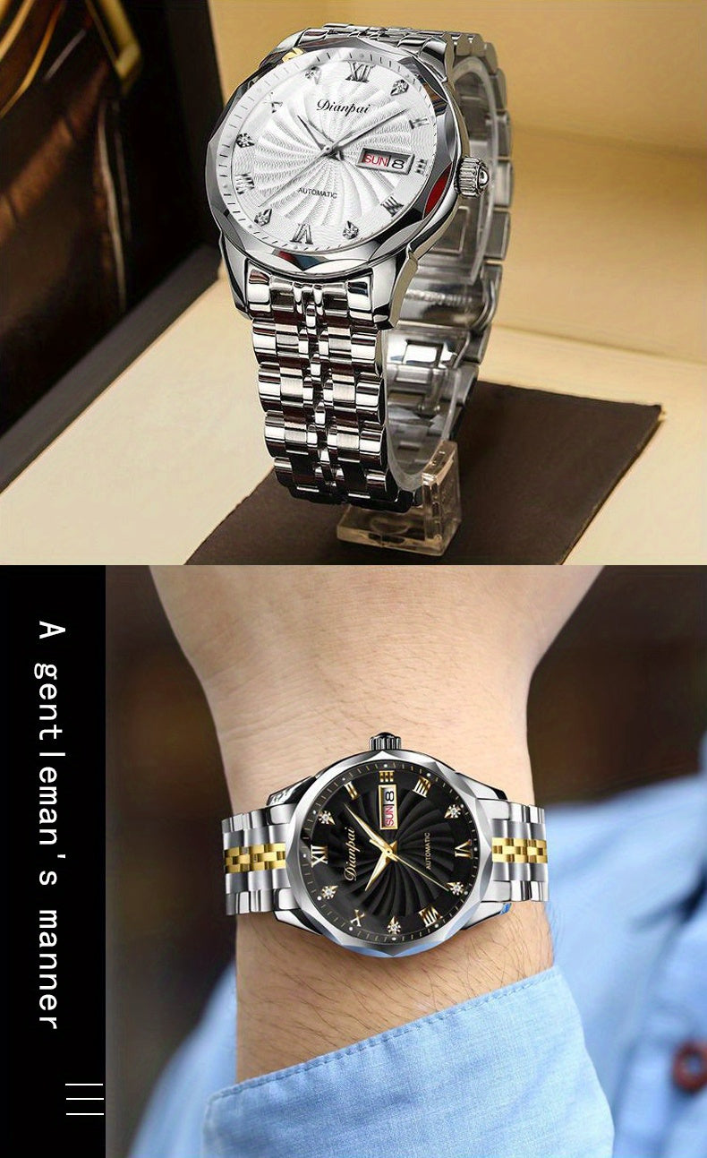 Dianpai Men's Automatic Mechanical Watch with Luminous Dial, Waterproof, Roman Numerals & Date/Day Display, Golden-Tone Steel Band, Accents - Fashionable Dress Watch for Everyday & Formal Wear, Bling Watch, Formal Timepiece B