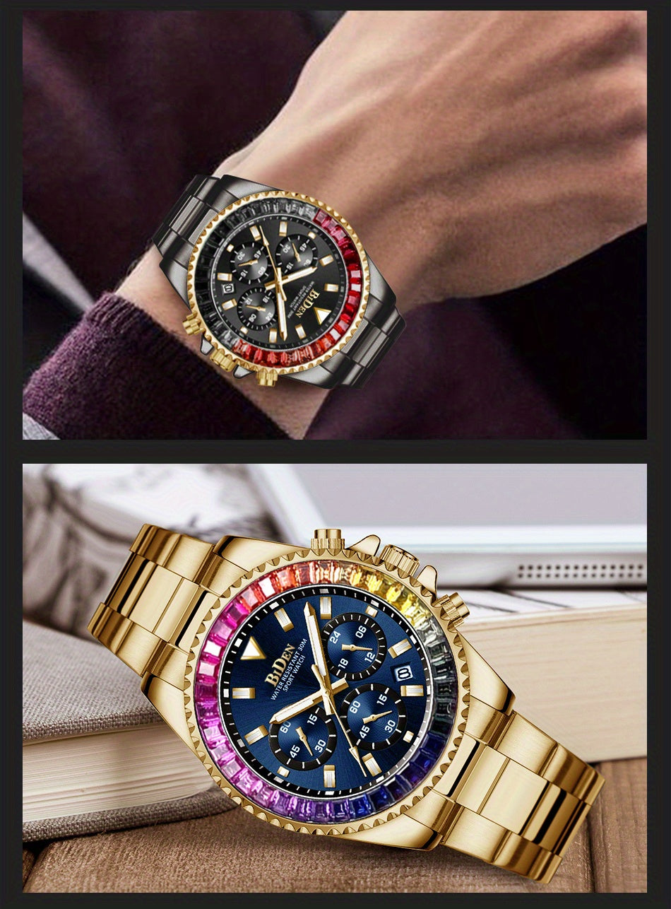 Mens Chronograph Stainless Steel Strap Waterproof Date Quartz Watch, Business Casual Wrist Watches