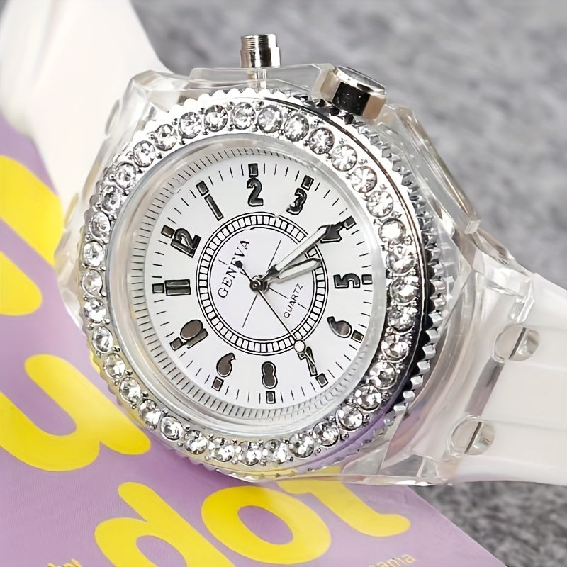 Night Light LED Luminous Watch, Fashion Versatile Rhinestone Studded Girl's Watch, Ideal Choice For Gifts