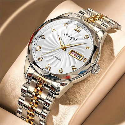 Dianpai Men's Automatic Mechanical Watch with Luminous Dial, Waterproof, Roman Numerals & Date/Day Display, Golden-Tone Steel Band, Accents - Fashionable Dress Watch for Everyday & Formal Wear, Bling Watch, Formal Timepiece B