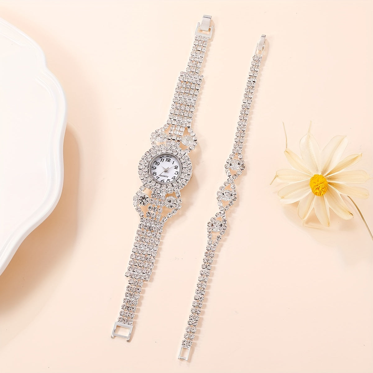 2pcs/set Women's Watch Luxury Rhinestone Quartz Bracelet Watch Elegant Analog Wrist Watch & Bracelet, Gift For Mom Her