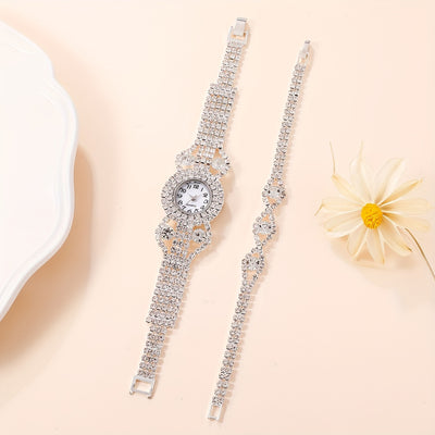 2pcs/set Women's Watch Luxury Rhinestone Quartz Bracelet Watch Elegant Analog Wrist Watch & Bracelet, Gift For Mom Her