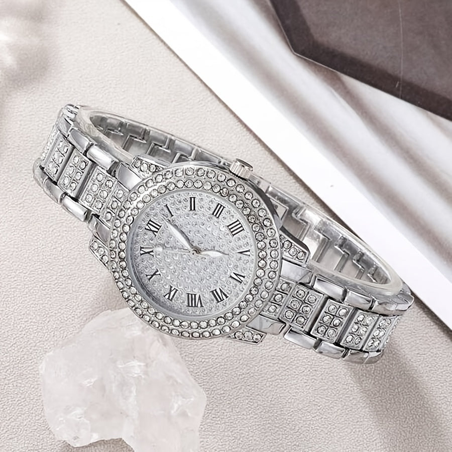 7pcs/set Women's Watch Luxury Rhinestone Quartz Watch Rome Fashion Analog Wrist Watch & Jewelry Set, Gift For Mom Her