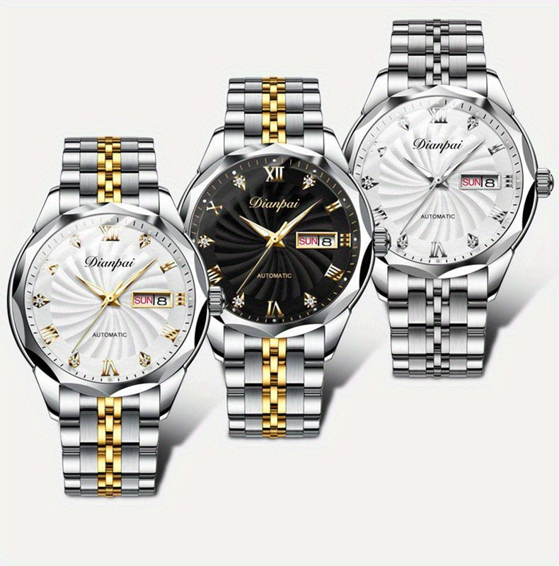 Dianpai Men's Automatic Mechanical Watch with Luminous Dial, Waterproof, Roman Numerals & Date/Day Display, Golden-Tone Steel Band, Accents - Fashionable Dress Watch for Everyday & Formal Wear, Bling Watch, Formal Timepiece B