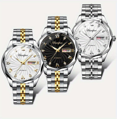 Dianpai Men's Automatic Mechanical Watch with Luminous Dial, Waterproof, Roman Numerals & Date/Day Display, Golden-Tone Steel Band, Accents - Fashionable Dress Watch for Everyday & Formal Wear, Bling Watch, Formal Timepiece B