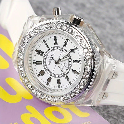 Night Light LED Luminous Watch, Fashion Versatile Rhinestone Studded Girl's Watch, Ideal Choice For Gifts