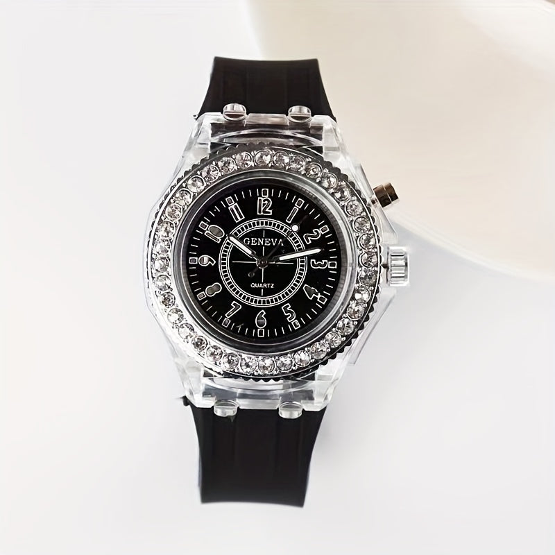 Night Light LED Luminous Watch, Fashion Versatile Rhinestone Studded Girl's Watch, Ideal Choice For Gifts