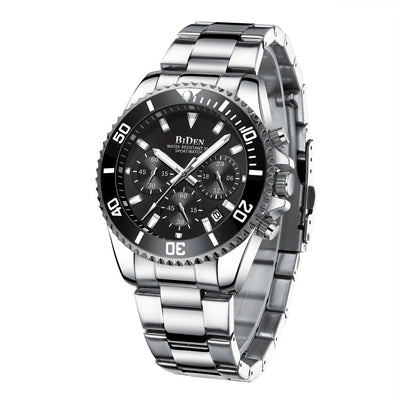 Mens Chronograph Stainless Steel Strap Waterproof Date Quartz Watch, Business Casual Wrist Watches