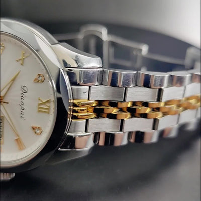 Dianpai Men's Automatic Mechanical Watch with Luminous Dial, Waterproof, Roman Numerals & Date/Day Display, Golden-Tone Steel Band, Accents - Fashionable Dress Watch for Everyday & Formal Wear, Bling Watch, Formal Timepiece B