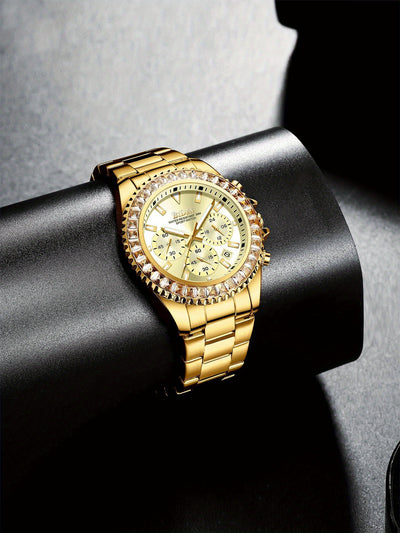 Mens Chronograph Stainless Steel Strap Waterproof Date Quartz Watch, Business Casual Wrist Watches