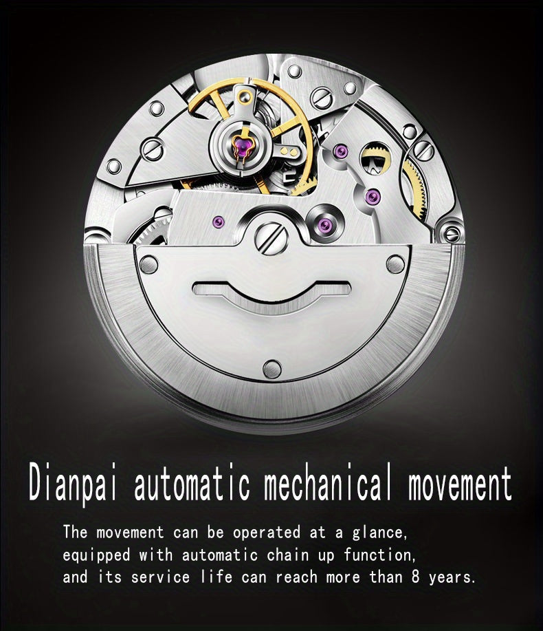 Dianpai Men's Automatic Mechanical Watch with Luminous Dial, Waterproof, Roman Numerals & Date/Day Display, Golden-Tone Steel Band, Accents - Fashionable Dress Watch for Everyday & Formal Wear, Bling Watch, Formal Timepiece B