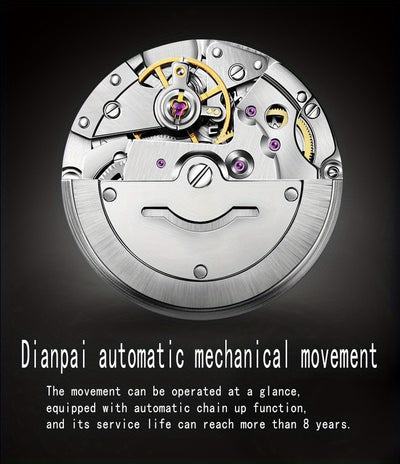 Dianpai Men's Automatic Mechanical Watch with Luminous Dial, Waterproof, Roman Numerals & Date/Day Display, Golden-Tone Steel Band, Accents - Fashionable Dress Watch for Everyday & Formal Wear, Bling Watch, Formal Timepiece B