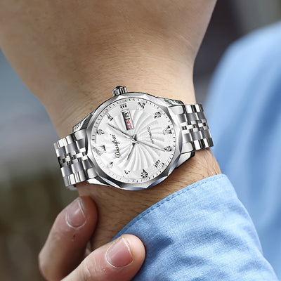 Dianpai Men's Automatic Mechanical Watch with Luminous Dial, Waterproof, Roman Numerals & Date/Day Display, Golden-Tone Steel Band, Accents - Fashionable Dress Watch for Everyday & Formal Wear, Bling Watch, Formal Timepiece B