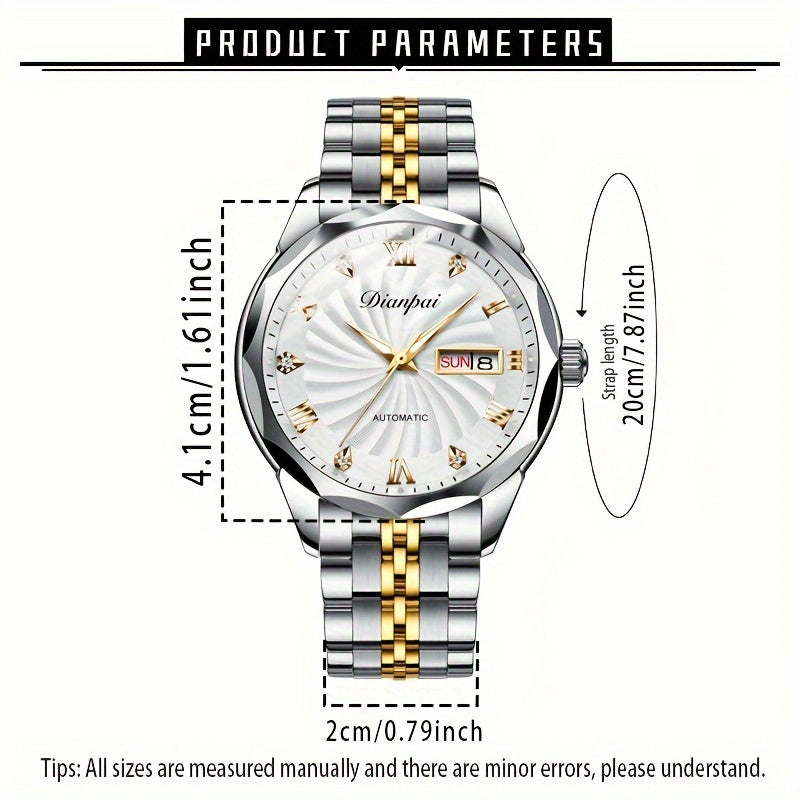 Dianpai Men's Automatic Mechanical Watch with Luminous Dial, Waterproof, Roman Numerals & Date/Day Display, Golden-Tone Steel Band, Accents - Fashionable Dress Watch for Everyday & Formal Wear, Bling Watch, Formal Timepiece B