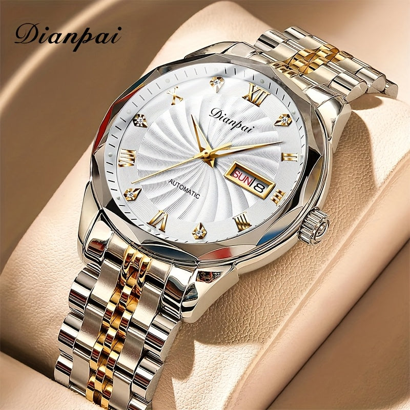 Dianpai Men's Automatic Mechanical Watch with Luminous Dial, Waterproof, Roman Numerals & Date/Day Display, Golden-Tone Steel Band, Accents - Fashionable Dress Watch for Everyday & Formal Wear, Bling Watch, Formal Timepiece B