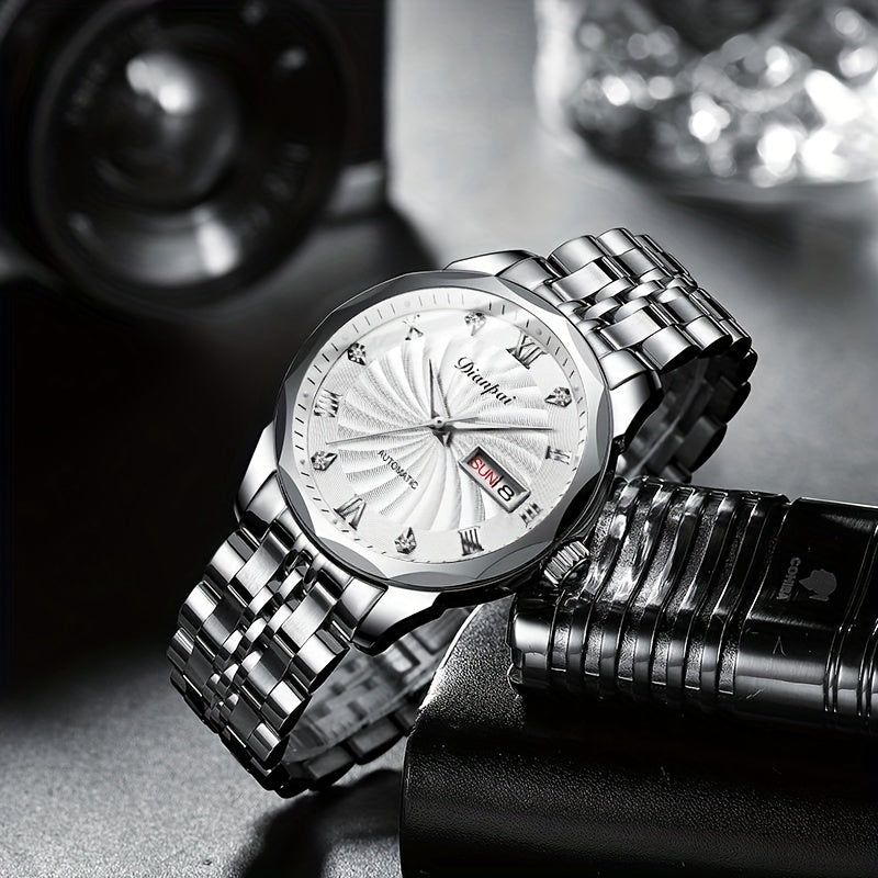 Dianpai Men's Automatic Mechanical Watch with Luminous Dial, Waterproof, Roman Numerals & Date/Day Display, Golden-Tone Steel Band, Accents - Fashionable Dress Watch for Everyday & Formal Wear, Bling Watch, Formal Timepiece B