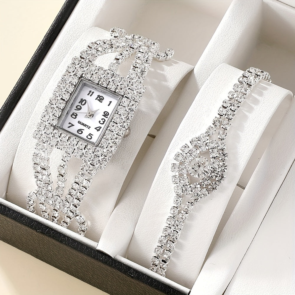 2pcs/set Women's Watch Luxury Rhinestone Quartz Bracelet Watch Elegant Analog Wrist Watch & Bracelet, Gift For Mom Her