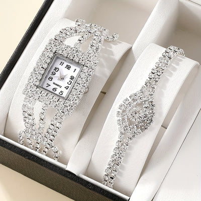 2pcs/set Women's Watch Luxury Rhinestone Quartz Bracelet Watch Elegant Analog Wrist Watch & Bracelet, Gift For Mom Her