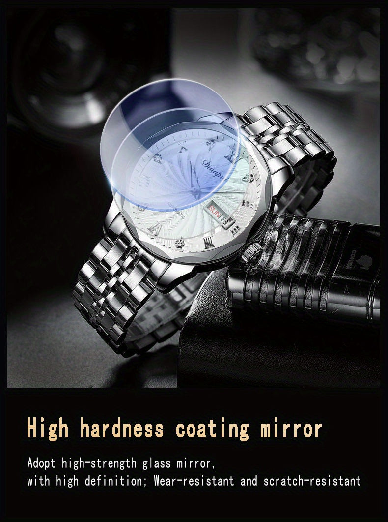 Dianpai Men's Automatic Mechanical Watch with Luminous Dial, Waterproof, Roman Numerals & Date/Day Display, Golden-Tone Steel Band, Accents - Fashionable Dress Watch for Everyday & Formal Wear, Bling Watch, Formal Timepiece B
