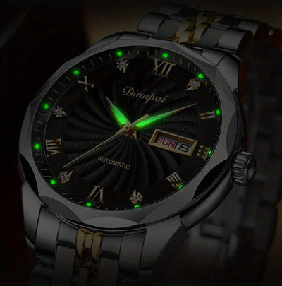 Dianpai Men's Automatic Mechanical Watch with Luminous Dial, Waterproof, Roman Numerals & Date/Day Display, Golden-Tone Steel Band, Accents - Fashionable Dress Watch for Everyday & Formal Wear, Bling Watch, Formal Timepiece B