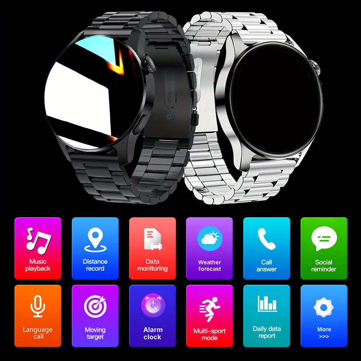 Stainless Steel Strap Business Men Smart Watch With Call, Message Reminder, Music Player, Activity Tracker Sports Watch For iPhone and Android