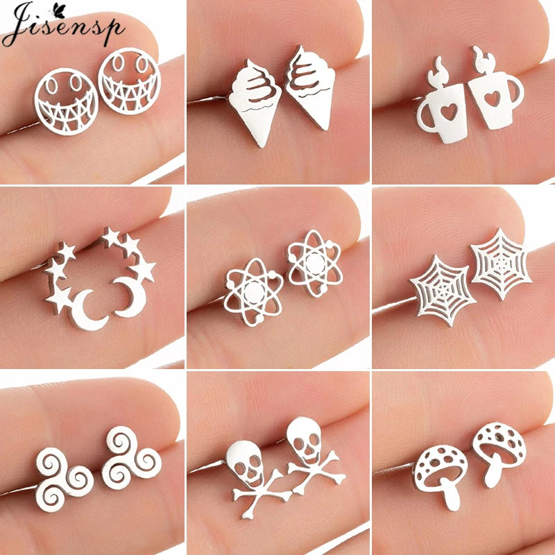 Mini Stainless Steel Smile Face Stud Earrings for for Women Girls Jewelry Cute Candle Skull Halloween Earings Christmas Gift