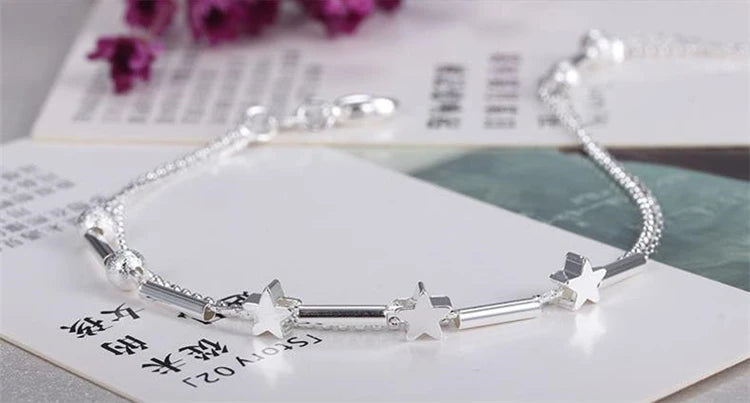 KOFSAC Fashion 925 Sterling Silver Anklets For Women Exquisite Star Small Tube Ankle Chain Jewelry Girl Summer Beach Party Gifts