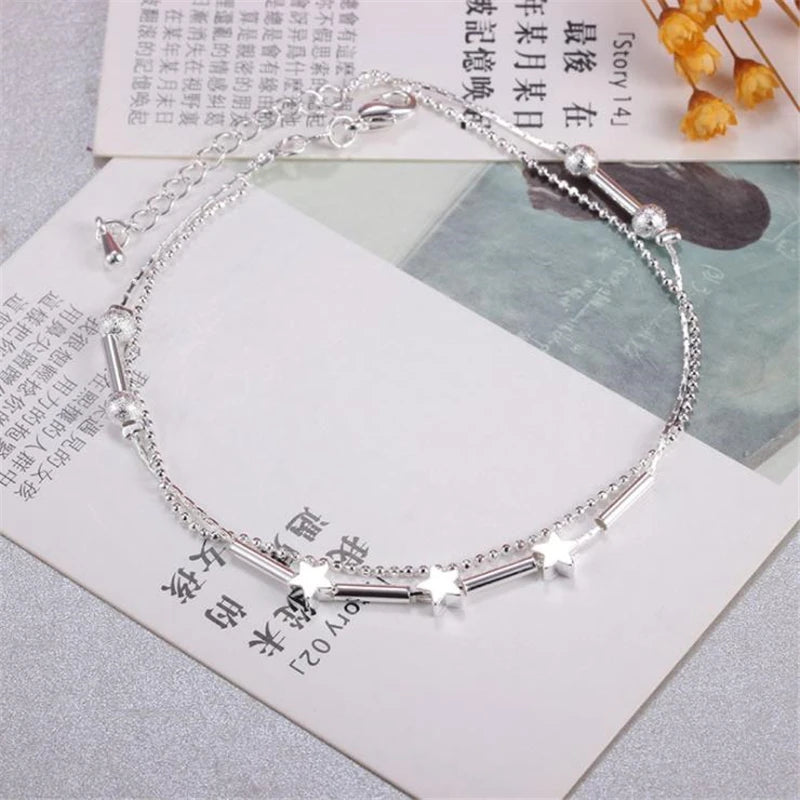 KOFSAC Fashion 925 Sterling Silver Anklets For Women Exquisite Star Small Tube Ankle Chain Jewelry Girl Summer Beach Party Gifts