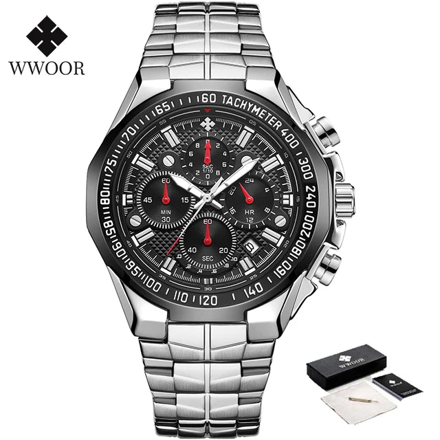 Sports Watches For Men Fashion Quartz Men Big Clock WWOOR Top Brand Luxury Military Full Steel Waterproof Chronograph Wristwatch