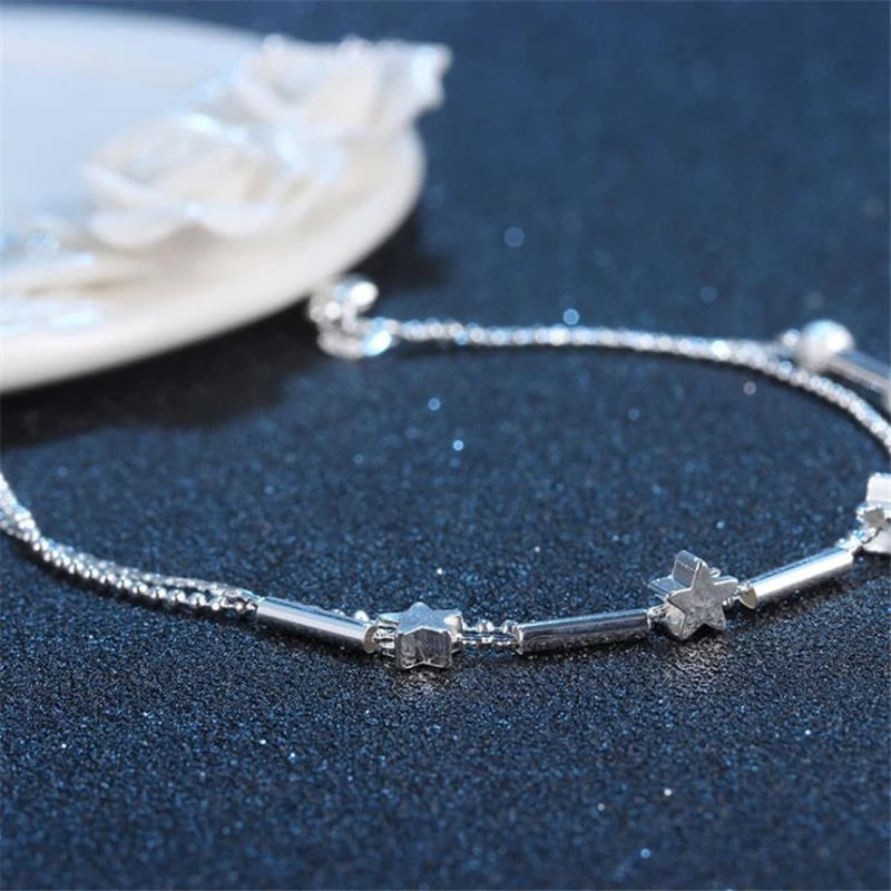 KOFSAC Fashion 925 Sterling Silver Anklets For Women Exquisite Star Small Tube Ankle Chain Jewelry Girl Summer Beach Party Gifts