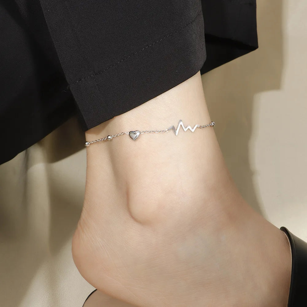 New Korean Fashion Electrocardiogram Heart Shaped Anklets for Women Charm Design Sexy Summer Jewelry Creative Footy Chain Gifts