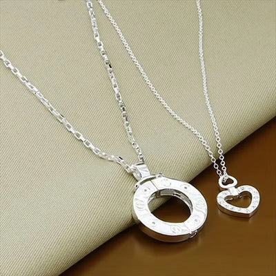 Couple Necklace 925 Silver Heart Circle Men & Women Love Gift Set Chain