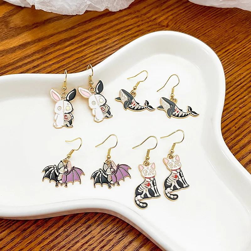 Punk Gothic Half-Face Skull Bat Cat Whale Rabbit Dangle Earrings for Women Girls Fashion Funny Halloween Jewelry Wholesale Gift