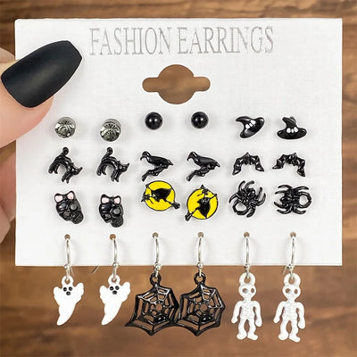 IFMIA Punk Fashion Black Spider Earrings Set for Women Girls Men Hip Hop Halloween Festival Skull Earring Christmas Jewelry Gift