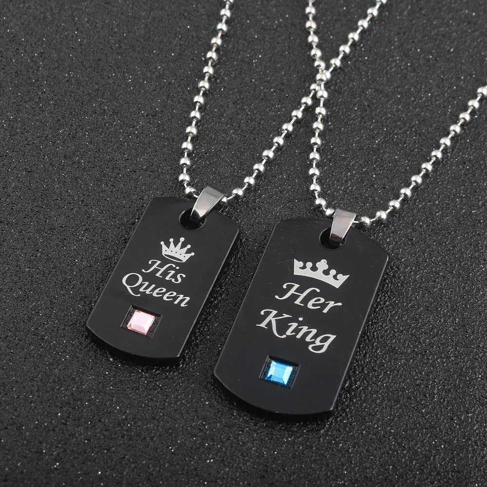Her King & His Queen Couple Necklaces Lovers Pendant Fashion Crystal Jewelry for Women and Men Gifts