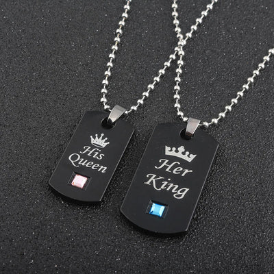 Her King & His Queen Couple Necklaces Lovers Pendant Fashion Crystal Jewelry for Women and Men Gifts
