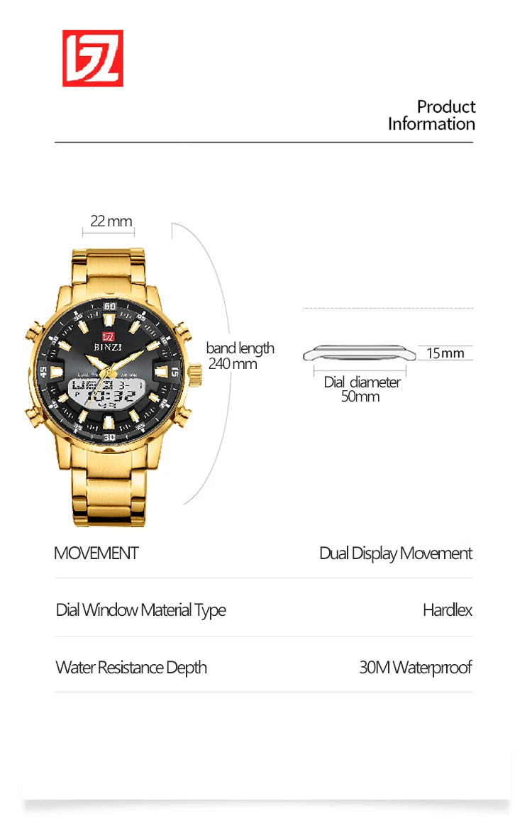 Men Watches 2025 Top Brand Luxury relogio masculino Gold Stainless Steel Band Wrist Watch For Male Clock Men Dual Display watch