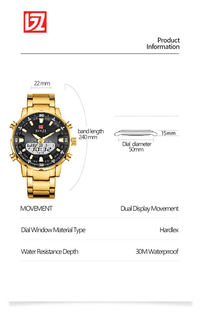 Men Watches 2025 Top Brand Luxury relogio masculino Gold Stainless Steel Band Wrist Watch For Male Clock Men Dual Display watch