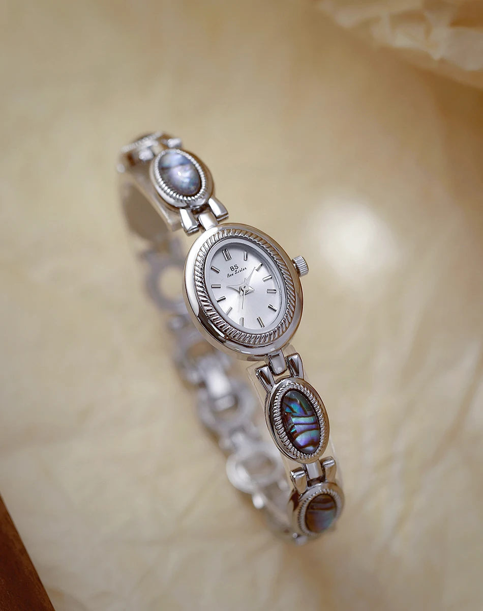 Watches For Woman Elegant Vintage Black Gold Shell Bracelet Ladies Small Dial Oval Quartz Dress Watch