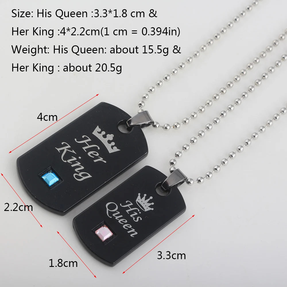 Her King & His Queen Couple Necklaces Lovers Pendant Fashion Crystal Jewelry for Women and Men Gifts