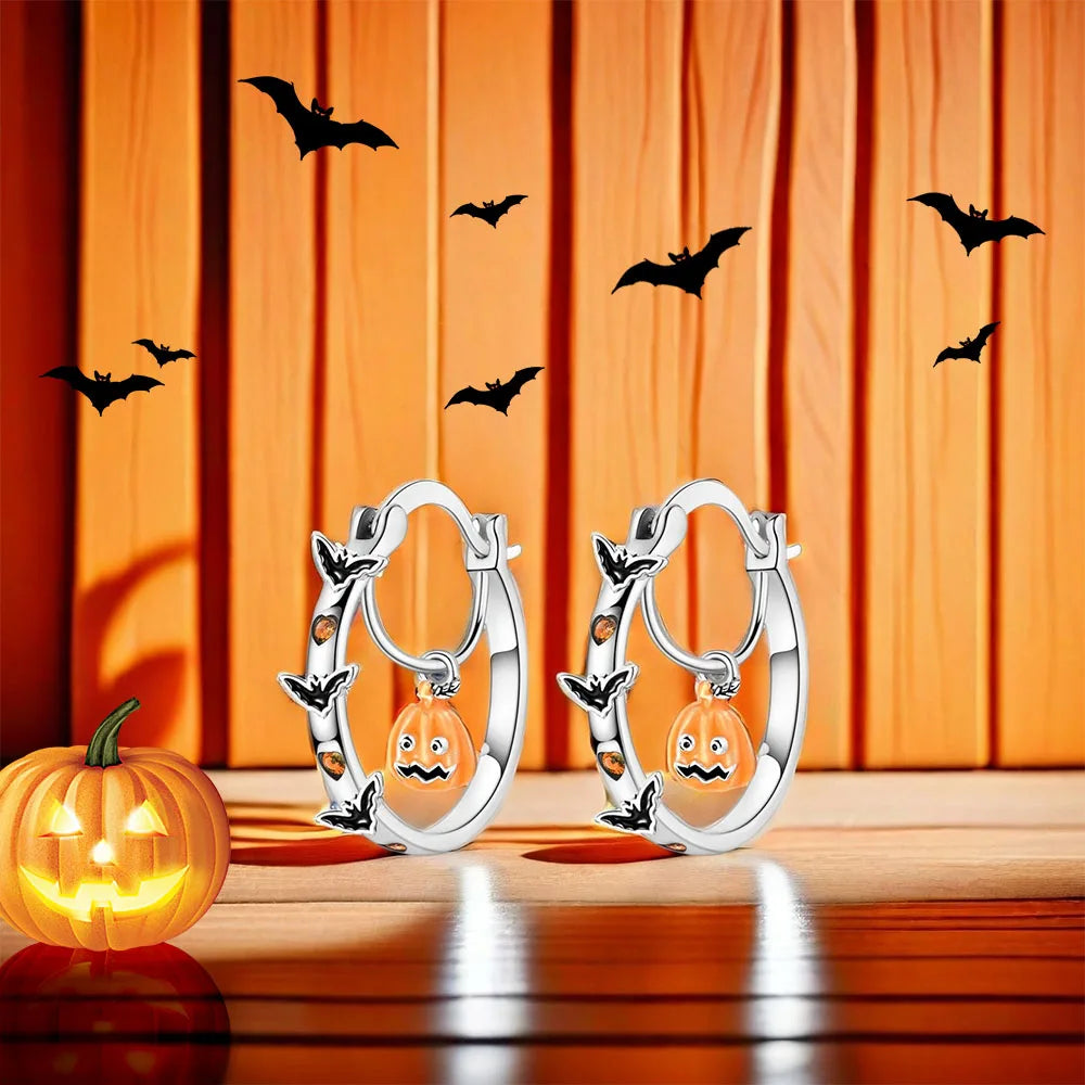 Halloween Party Cute Pumpkin Bat Ring Earrings 925 Silver Earrings For Women Punk Men's Earrings Fit Women Party Jewelry Gift