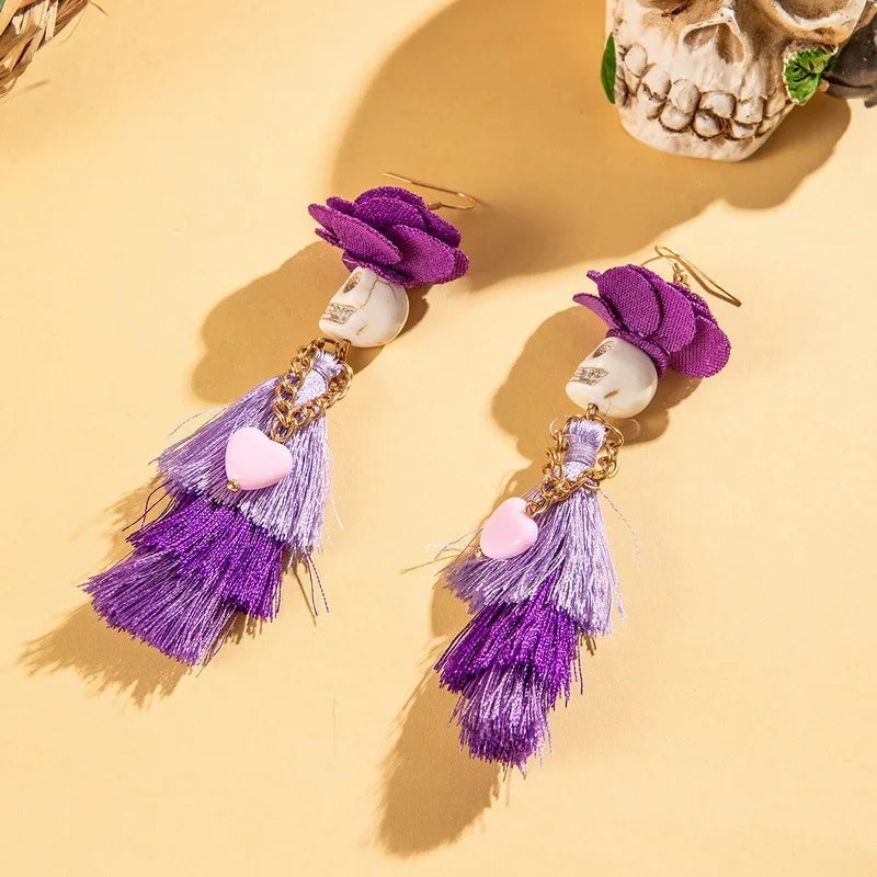 Funny Ethnic Flower Skull Drop Earrings for Women Creative Gothic Punk Long Tassel Earring Halloween Party Festival Jewelry Gift