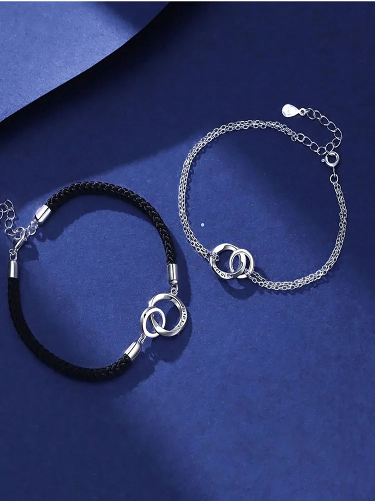 Exquisite couple bracelet with a pair of interlocking rings hand ropes for men women commemorate holidays birthday jewelry