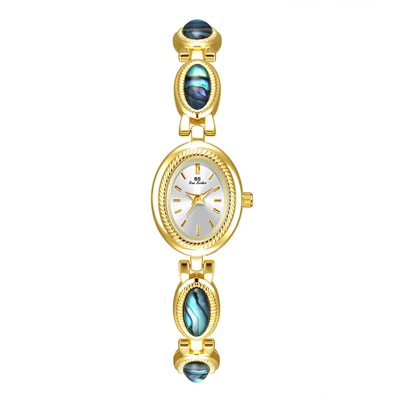 Watches For Woman Elegant Vintage Black Gold Shell Bracelet Ladies Small Dial Oval Quartz Dress Watch