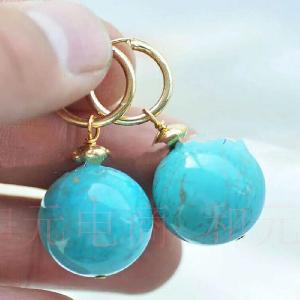 12MM Natural Blue Turquoise Round Gemstone Beads Gold Earrings Halloween Classic Diy Lucky Hook Cultured VALENTINE'S DAY Women