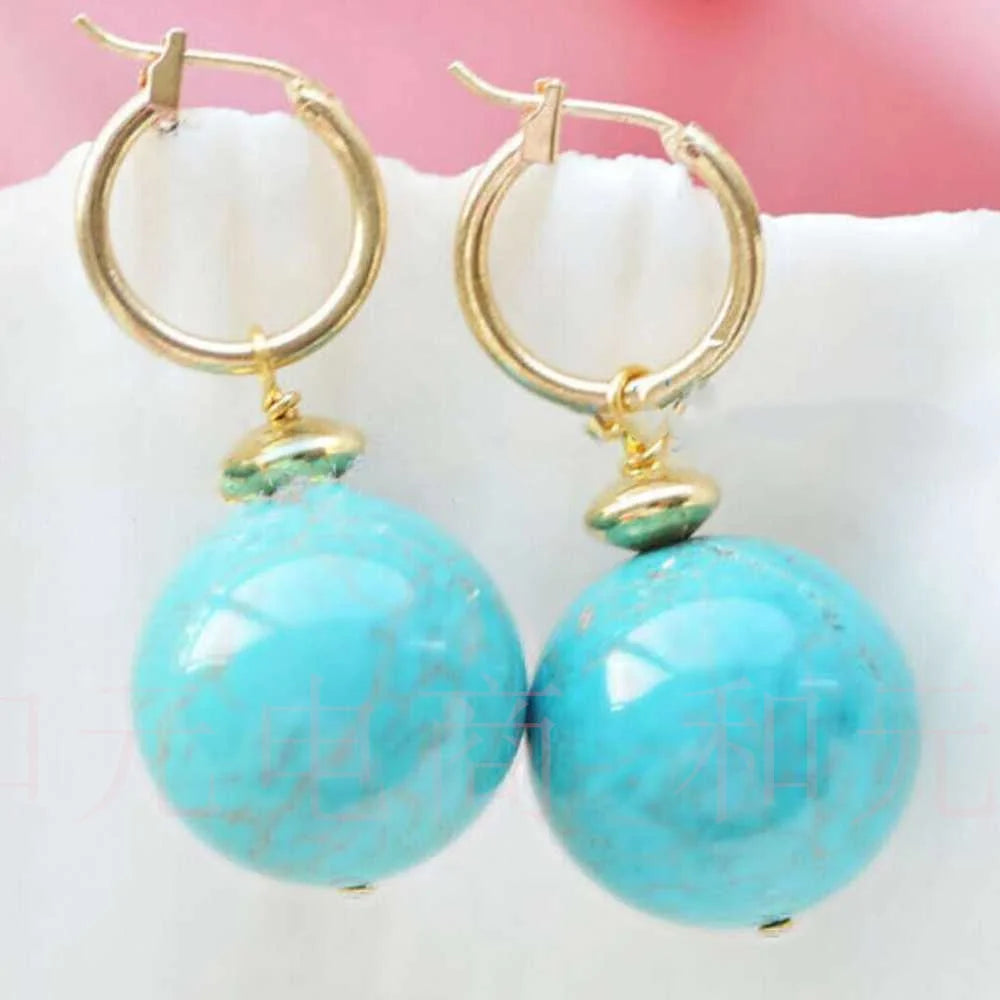12MM Natural Blue Turquoise Round Gemstone Beads Gold Earrings Halloween Classic Diy Lucky Hook Cultured VALENTINE'S DAY Women