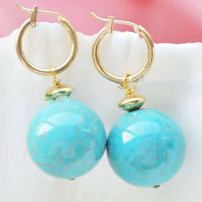 12MM Natural Blue Turquoise Round Gemstone Beads Gold Earrings Halloween Classic Diy Lucky Hook Cultured VALENTINE'S DAY Women