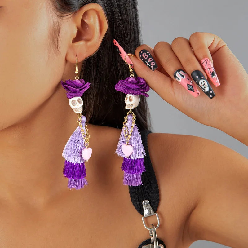 Funny Ethnic Flower Skull Drop Earrings for Women Creative Gothic Punk Long Tassel Earring Halloween Party Festival Jewelry Gift